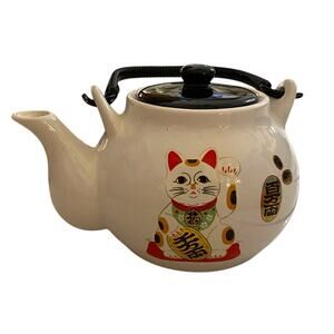 Vintage Round Enamel Kettle Teapot with Waving Cat Design - Made in Taiwan